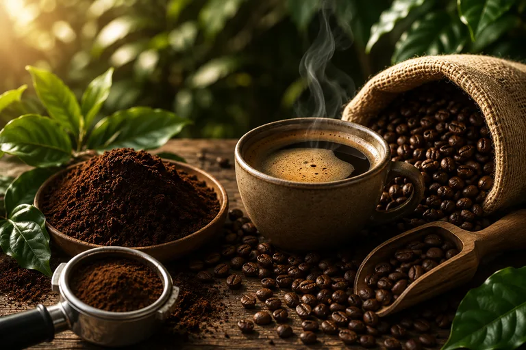 Freshly brewed coffee with beans and spent grounds