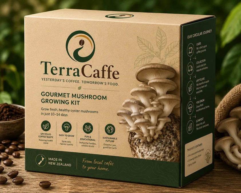 TerraCaffe gourmet mushroom growing kit with fresh oyster mushrooms