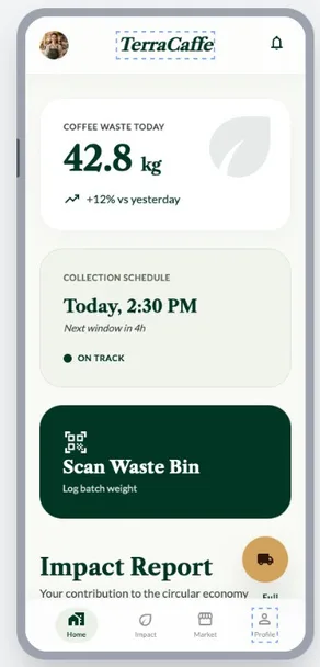 Mobile collection app concept showing grounds collected and scan-to-collect flow